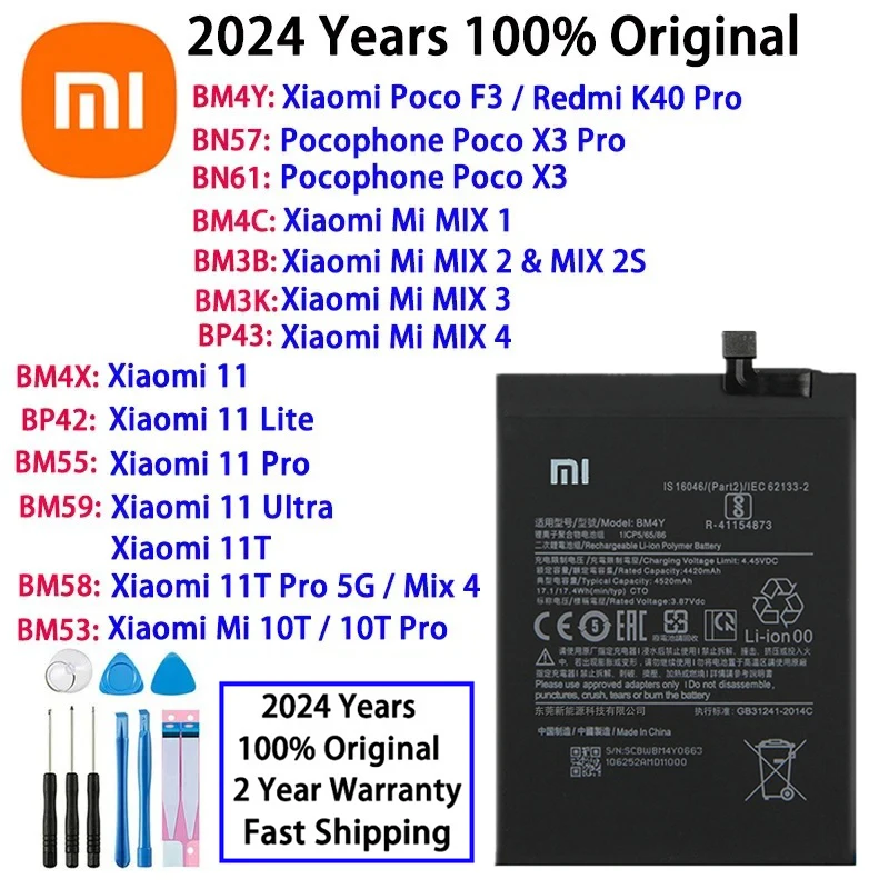 Fast Shipping 100% Original Battery For Xiaomi Poco X3 F3 Redmi K40 10T 11T Mi Mix 1 2 2S 3 4 11 Mi11 Lite Ultra Pro Batteries