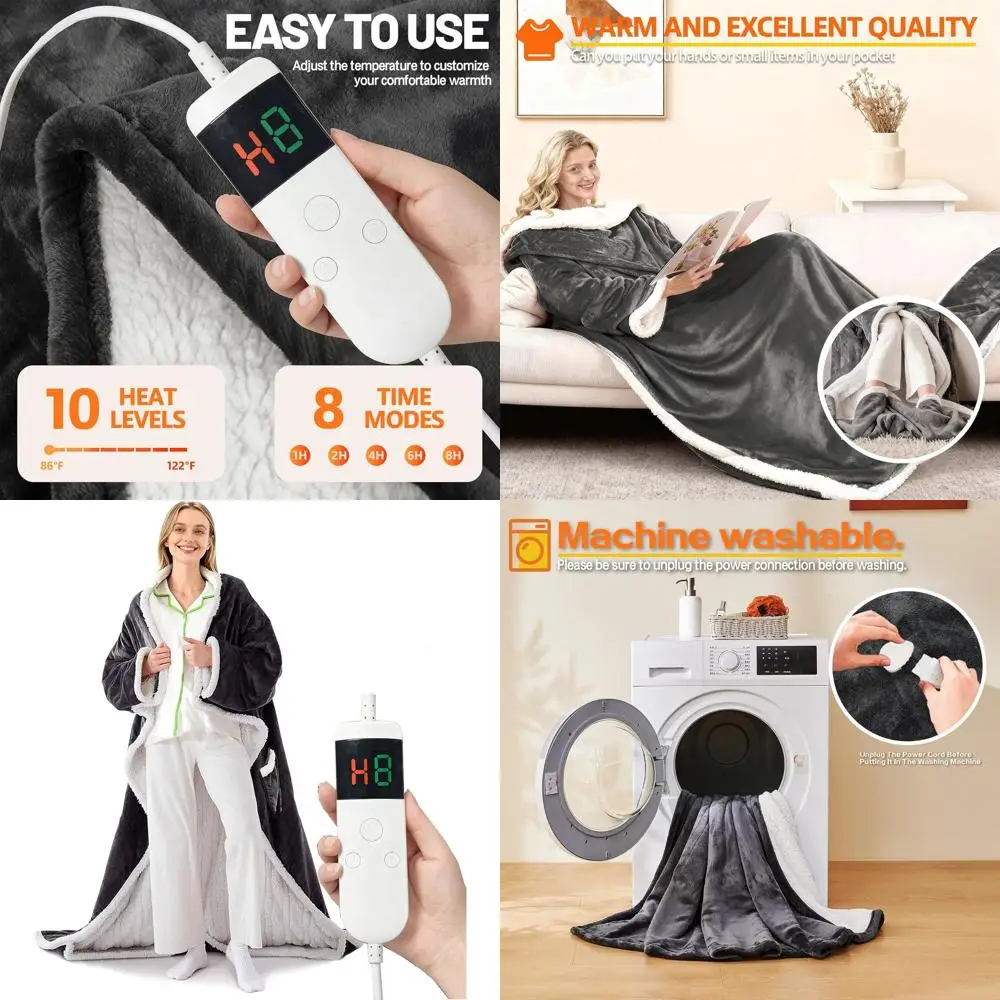 

Wearable Electric Blanket with Sleeves & Foot Pocket, 8-Hour Auto-Off, 10 Heating Levels, Machine Washable, 52x72+18, Ideal Gift