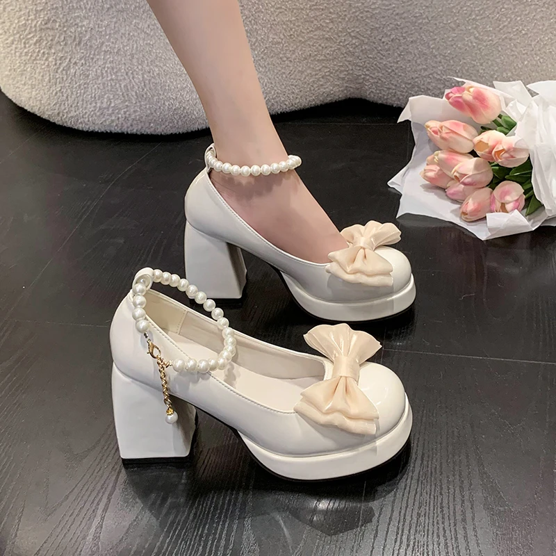 Women's Fashion Thick Heel Shoes Autumn New Round Head Shallow Mouth Butterfly Knot Platform Beaded High Heels