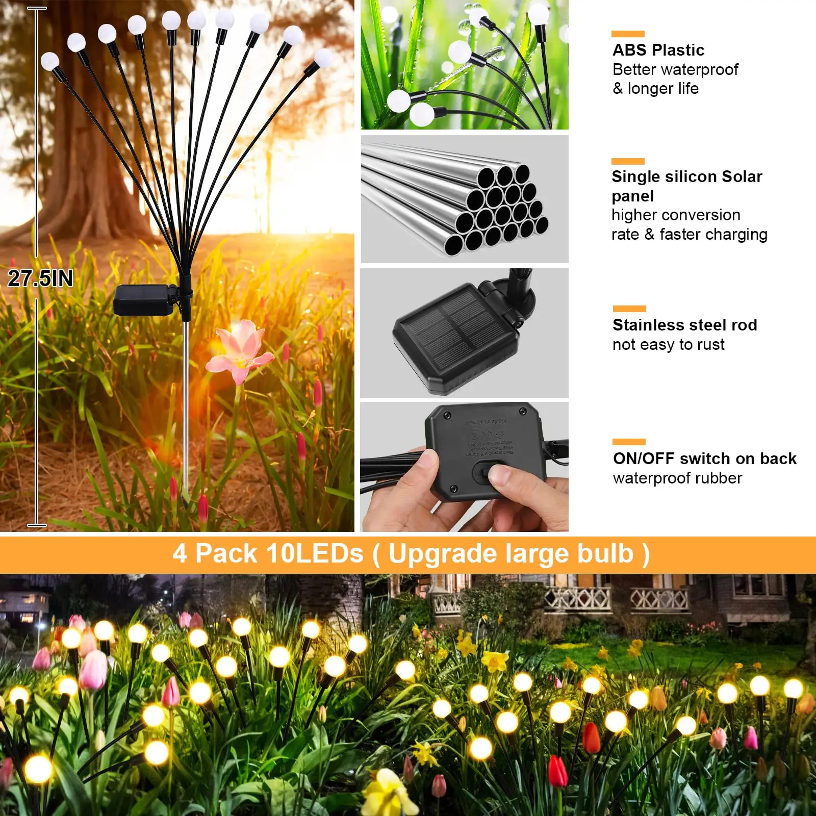 Solar Garden Lights Outdoor 10 LEDs Solar Firefly Swaying Lights Backyard Decorations Waterproof for Patio Pathway Outdoor Decor