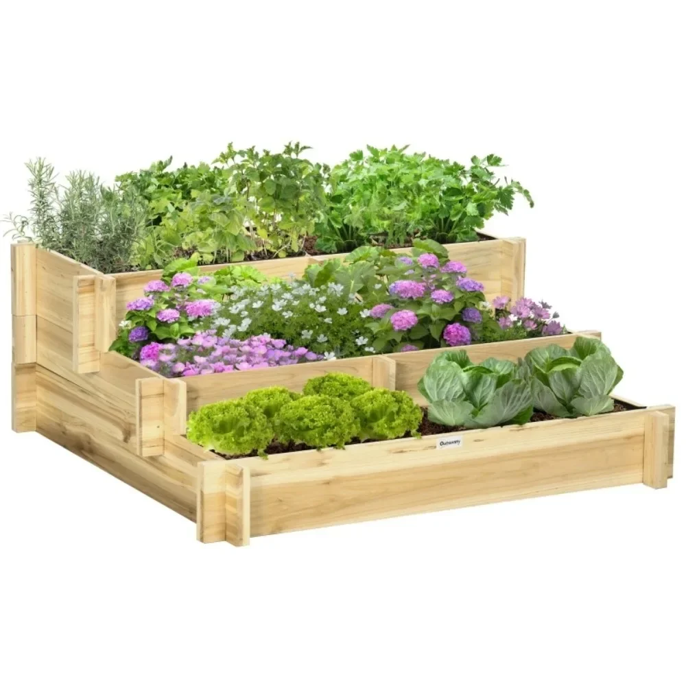 3-Tier Raised Garden Bed with 5 Compartments and Bed Liner, Elevated Wooded Wooden Planter Kit, for Vegetables, Herbs