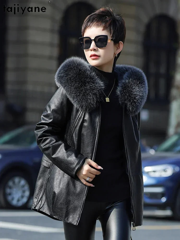 Tajiyane Real Sheepskin Leather Jacket Women Autumn Winter White Goose Down Coats Hooded Fox Fur Collar Detachable Down Liner