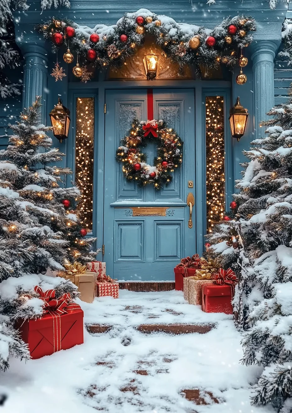 Mocsicka Christmas Tree Door Background For Photography Snowflake Lamp Gifts Decorations Shooting Props Kids Baby Photo Backdrop