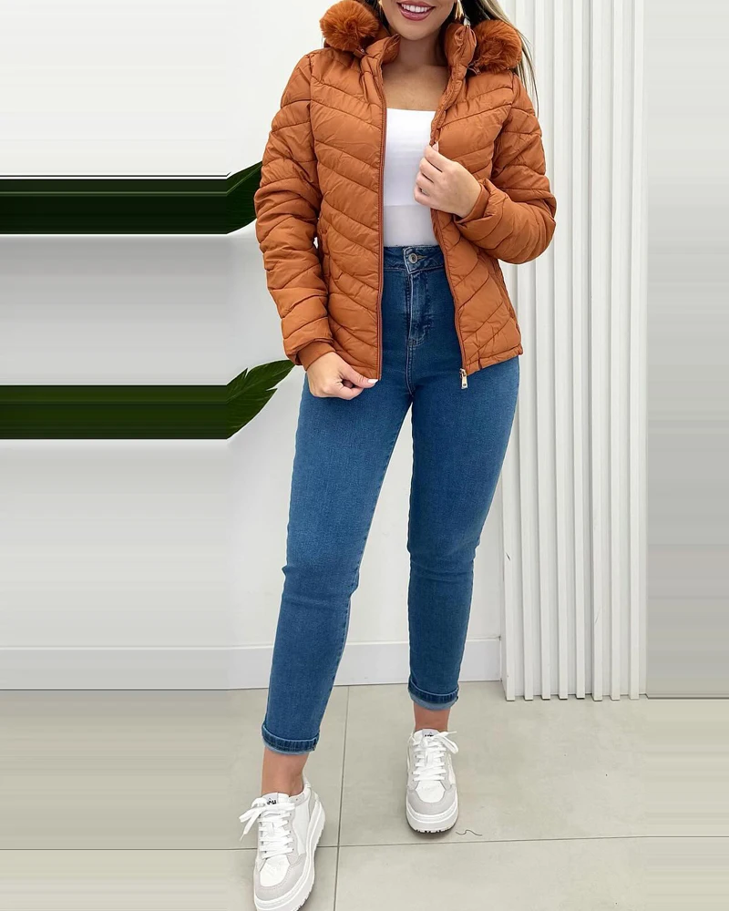 Chaqueta de plumón de invierno para mujer, chaqueta de plumón ajustada con capucha y cremallera, informal, versátil, de manga larga, Color sólido, diseño de bolsillo, novedad de 2025