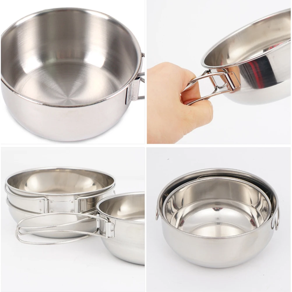 

5pcs 1 Of Camping Tableware Set Foldable Stainless Steel Saucepan Bowl Cup Kit For Outdoor Hiking Picnic Bbq Fishing Lightweight