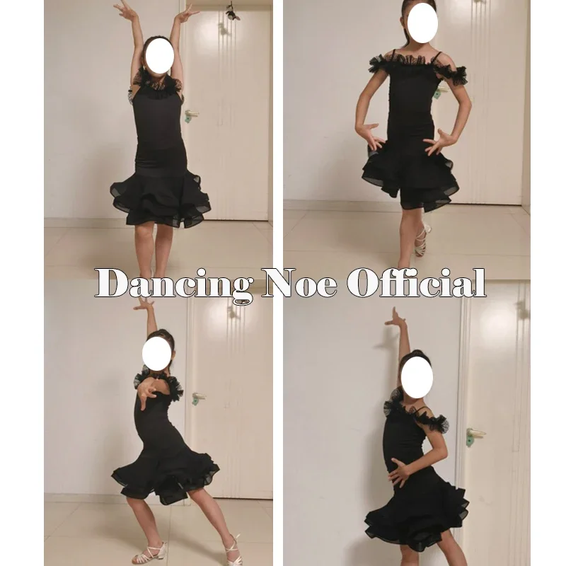 Vestido de baile latino para niños, trajes de entrenamiento de baile profesional, Tops negros, faldas, traje de Rumba, ropa de baile latino, DN11776