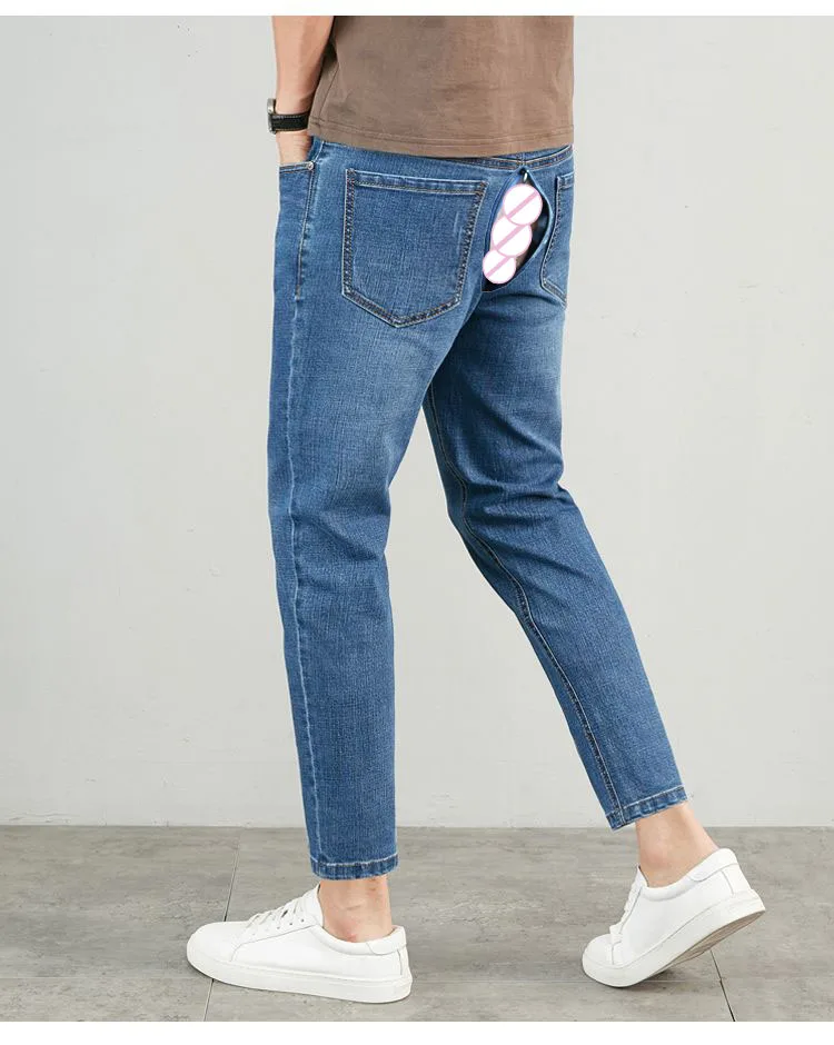 Summer Light Color Jeans Open Crotch Outdoor Sex Men's Retro Fashion Slim Fit Small Feet Korean Fashion Casual Thin Denim Pants