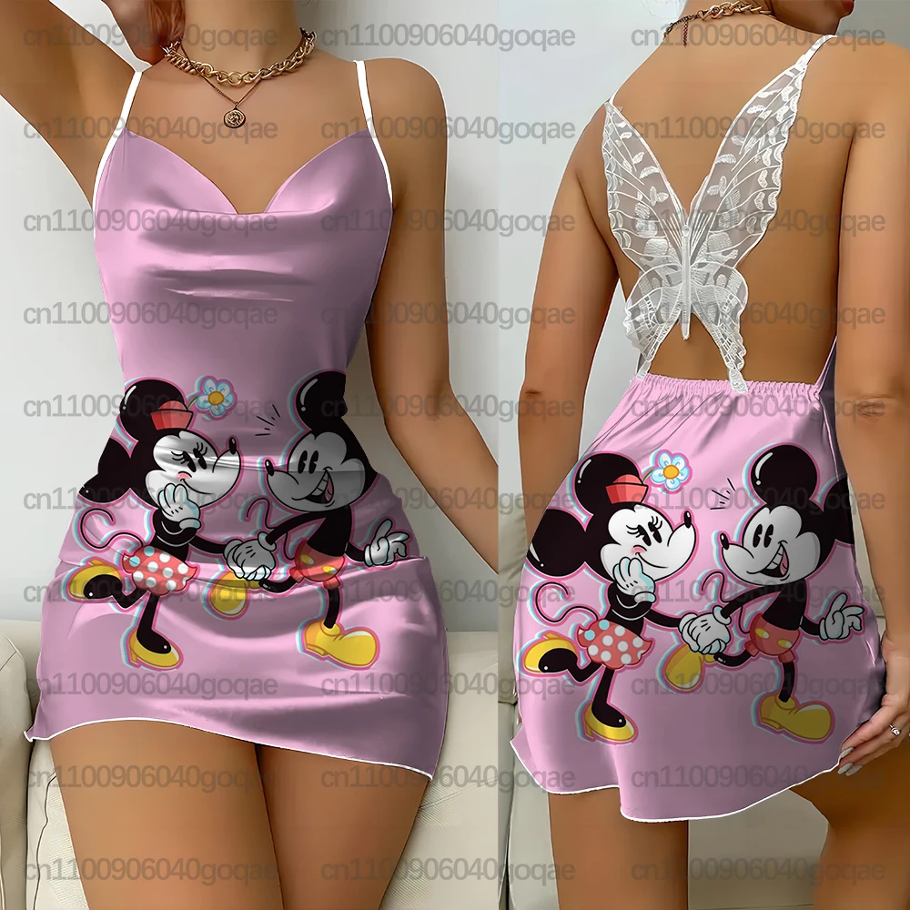 Pyjama Camisole de noël imprimé Mickey Mouse pour femmes, nouveau Style, robe en soie pour vêtements de maison pour femmes avec robe au dos en dentelle papillon