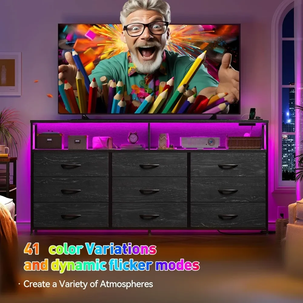 Cômoda preta de 55 polegadas de largura para quarto com estação de carregamento e LED, suporte de TV 65 para quarto com 9 gavetas de tecido, cômoda resistente