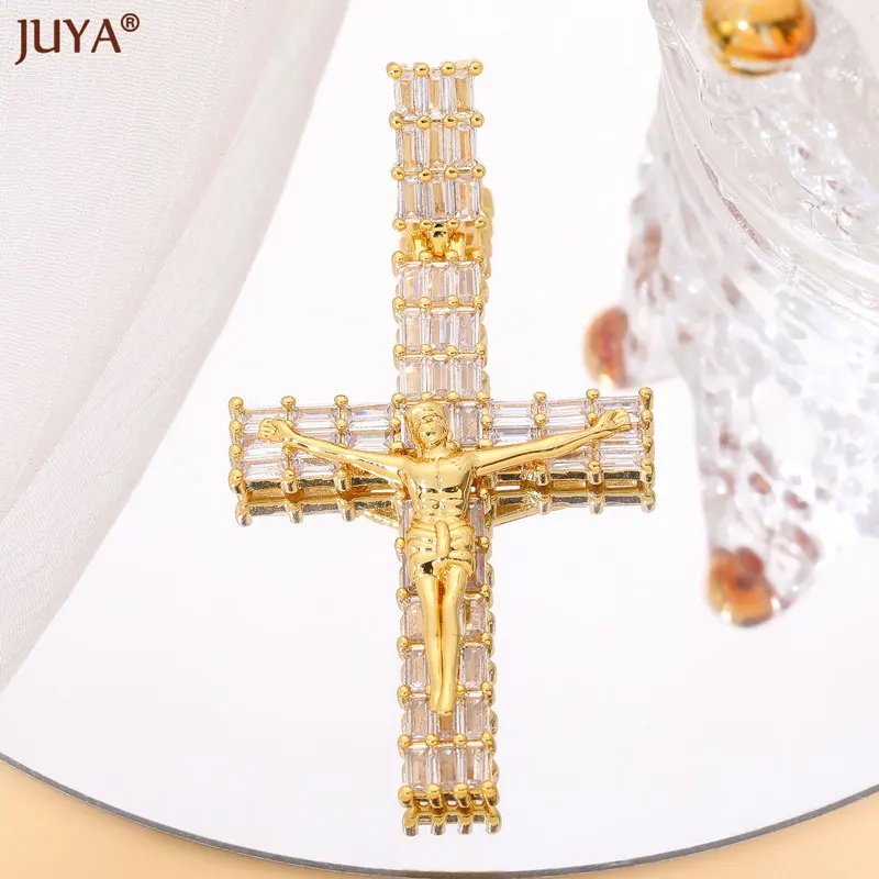 JUYA Luxury Pearl Zircon Cross Charm 18K Gold Plated Jesus Catholic Pendants For DIY Jewelry Making Supplies Crafts Accessories