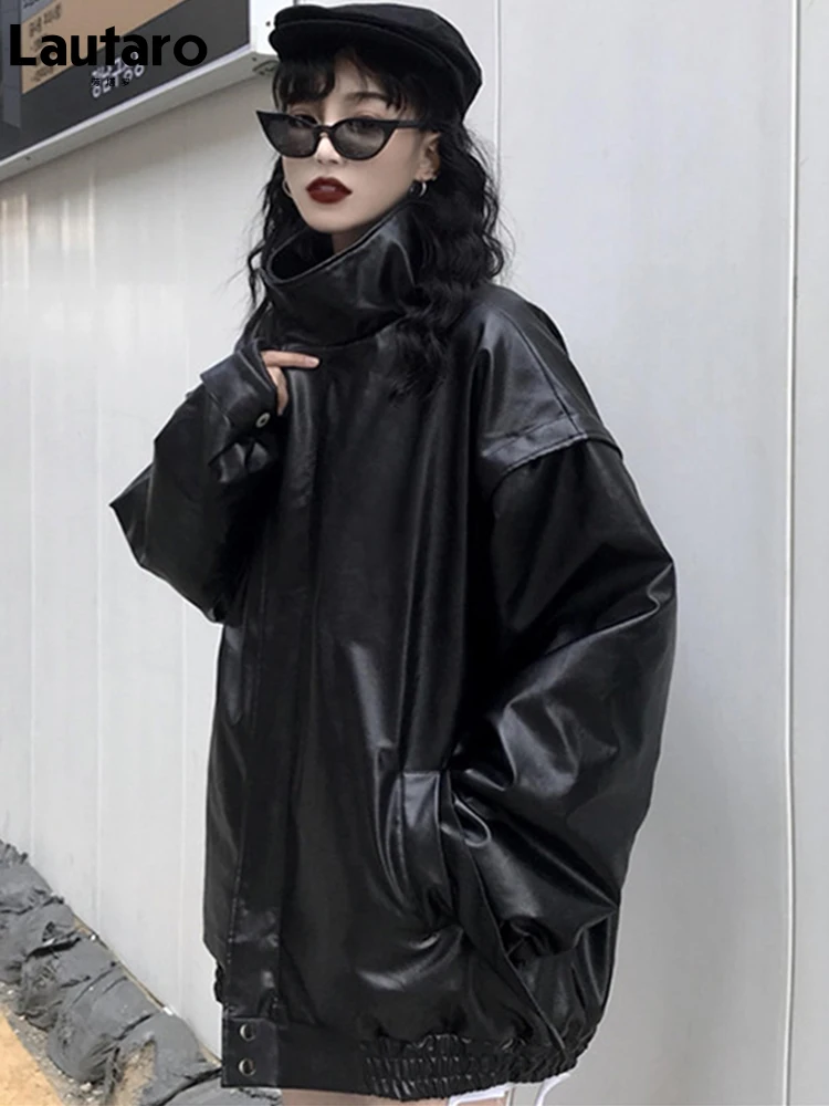 Lautaro Spring Autumn Oversized Windproof Cool Black Soft Pu Leather Jackets for Women Long Sleeve Zipper Casual Loose Fashion