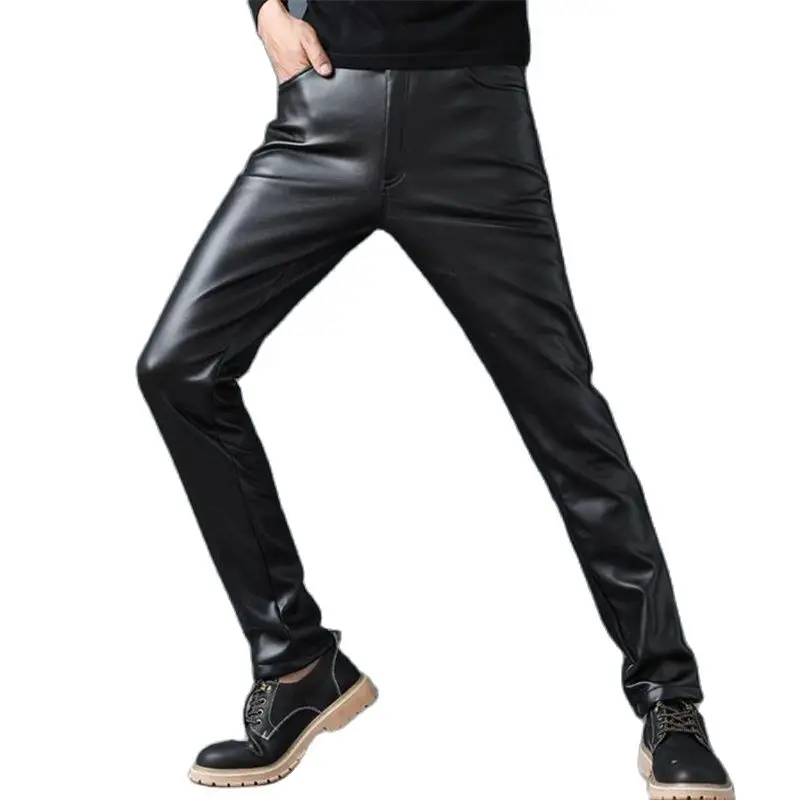 Male Thick Skinny Pu Pantalons Capris Man Hot Sale Leather Pants Velvet Slim Pu Trousers Warm Mid Elastic Motorcycle Pant