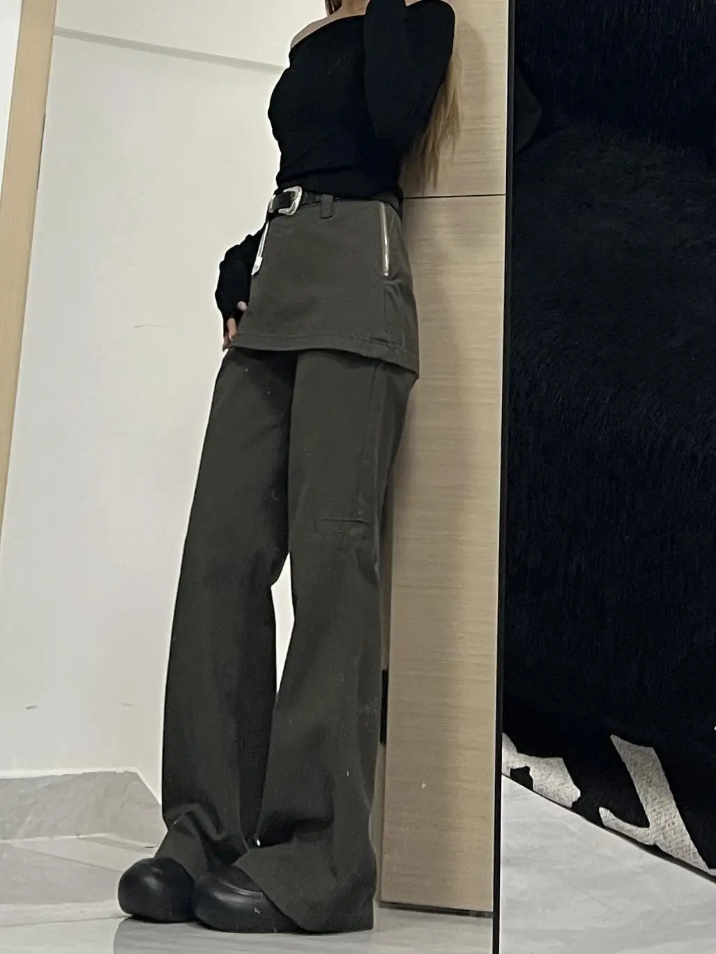 Harajuku Patchwork High Waist Flared Jeans Female Retro Green Y2K Pants Hight Street Women's Vintage Solid Color Denim Trouser