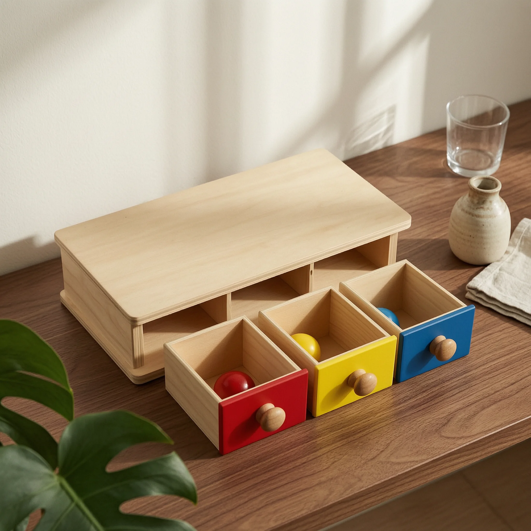 Child-Led Learning Drawer Box Developmental Object Permanence Box Wooden Ball Drop Toy Fine Motor Shape Sorter Multi-Functional