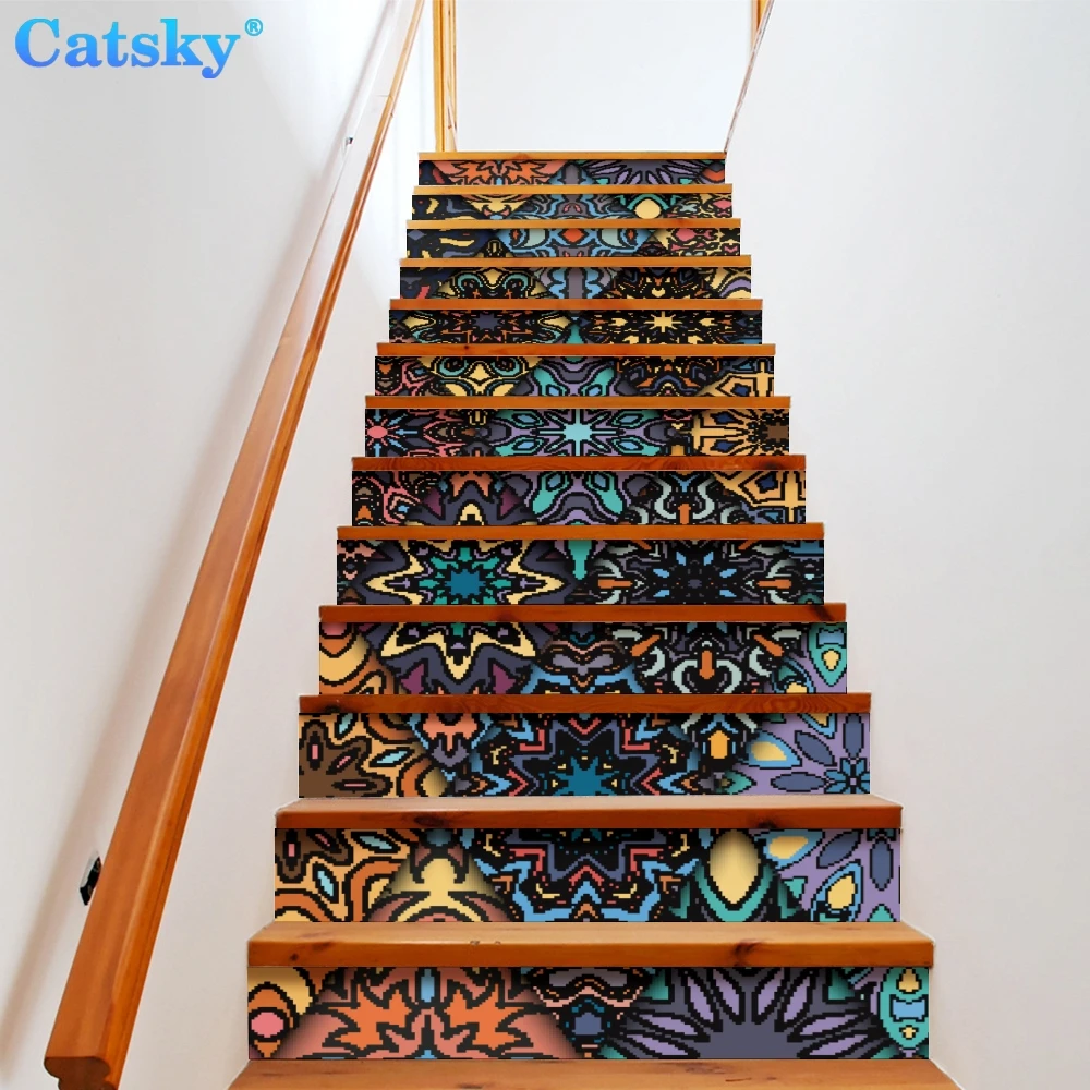 

Ethnic Style Printstyle,Mandala,6pcs 13pcs/Set Stair Floor Stickers Waterproof Removable Self Adhesive Diy Stairway Decals