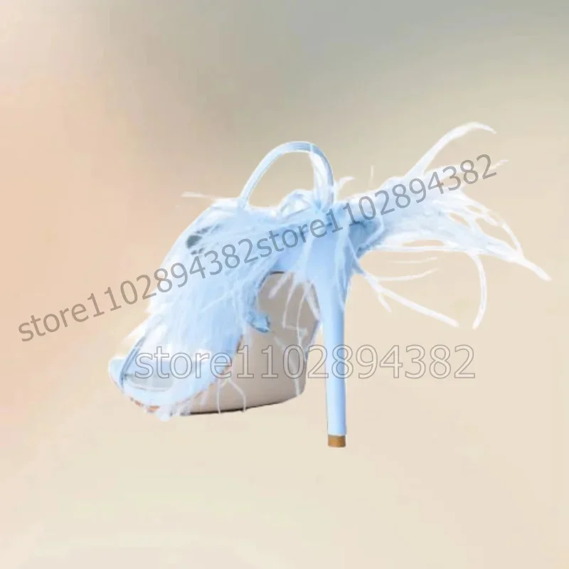 Hemelsblauw Veer Decor Strappy Open Teen Sandalen Slip Op Vrouwen Schoenen Dunne Hoge Hakken Roman Fashion Party 2023 Zapatos Para Mujere