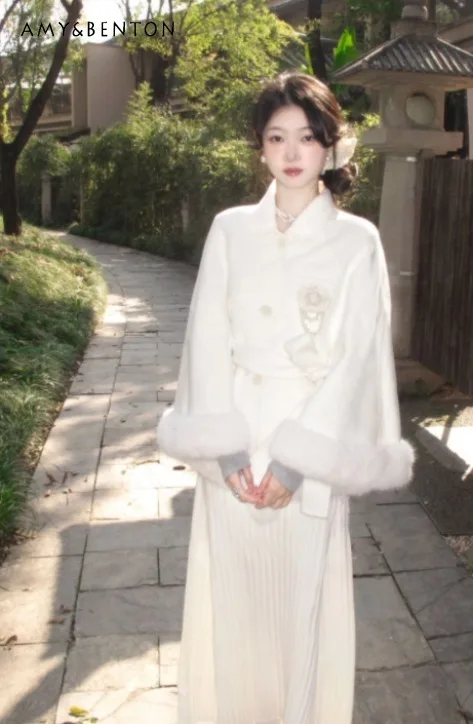 

2025 Winter High-Quality Lapel Long Sleeve Double-Sided Wool Coat Gentle Style White High Waist Slim Tie Short Woolen Jacket