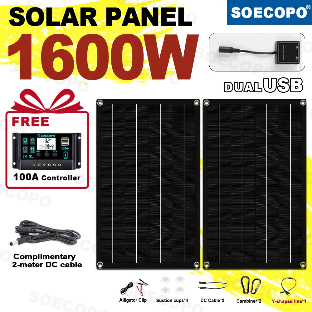 SOECOPO 1600W Tragbares Solarpanel-Set 18V Flexible Solarmodule*2 für Camping Inklusive Gratis 100A Regler 2-Meter-Kabel