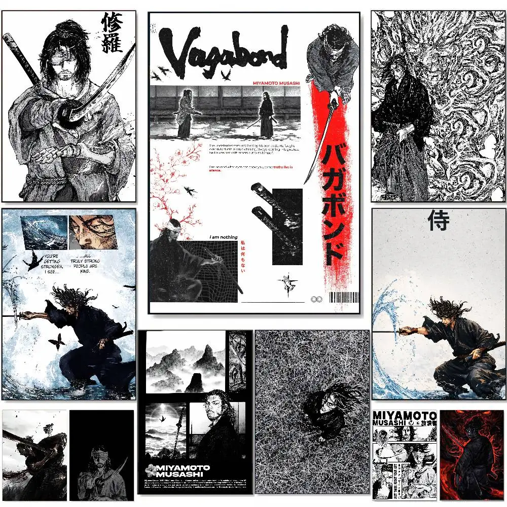 Cool Black White Manga Vagabond Miyamoto Musashi Poster, Samurai Manga Art Print, Wall Decor for Japanese Style Room Sticker