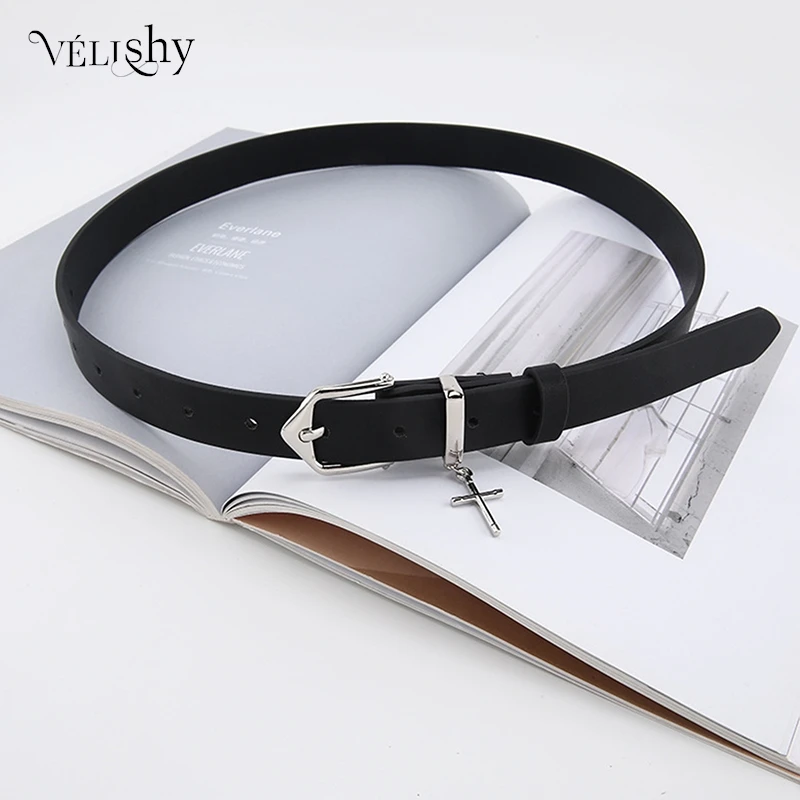 

Cross Pendant Jean Pants Belt Fashion Retro Men Woman Black Thin Belts PU Leather Metal Pin Buckle Hip Hop Students Waistband