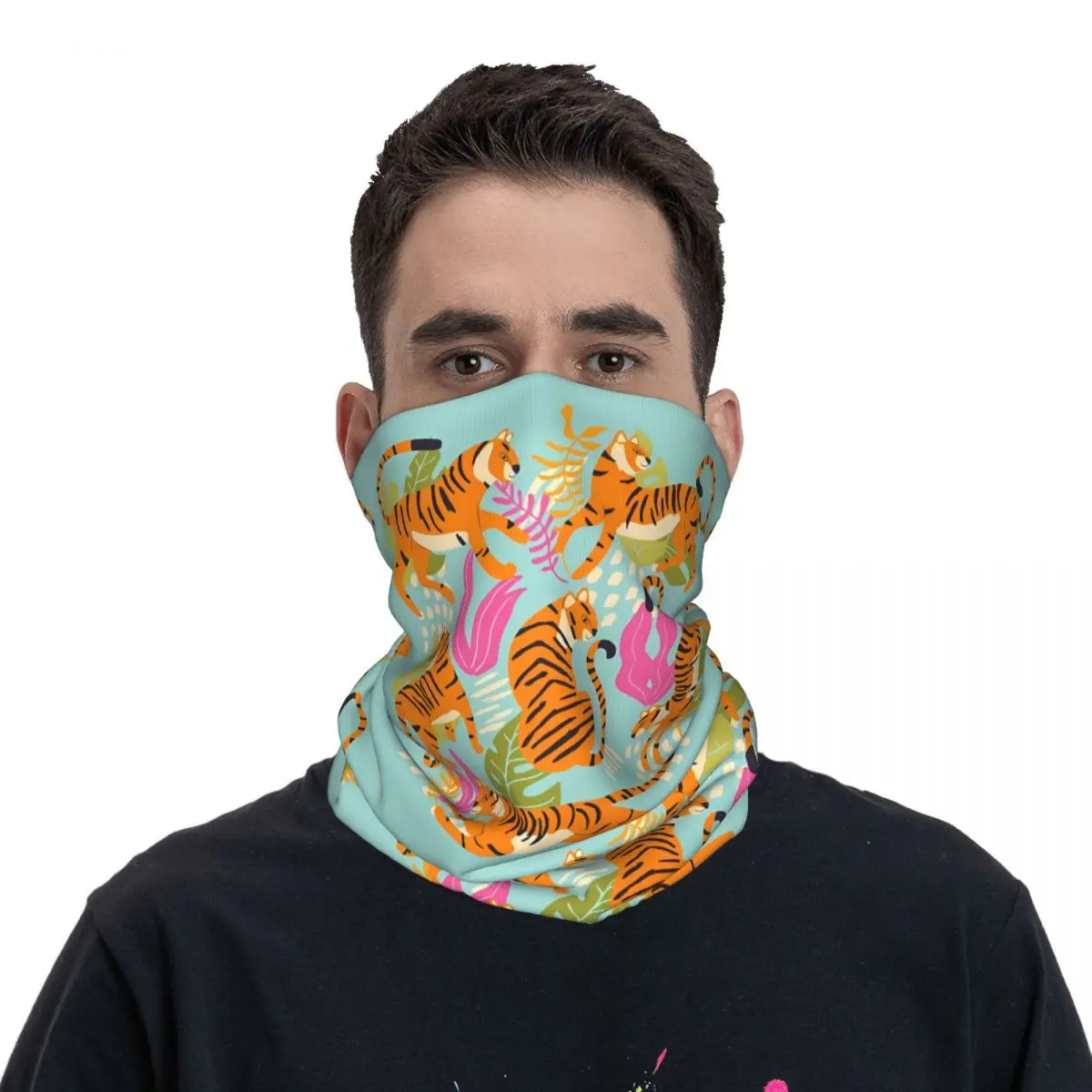 Tiger Collection On Bright Blue Scarf Neckerchief Neck Face Mask Polyester