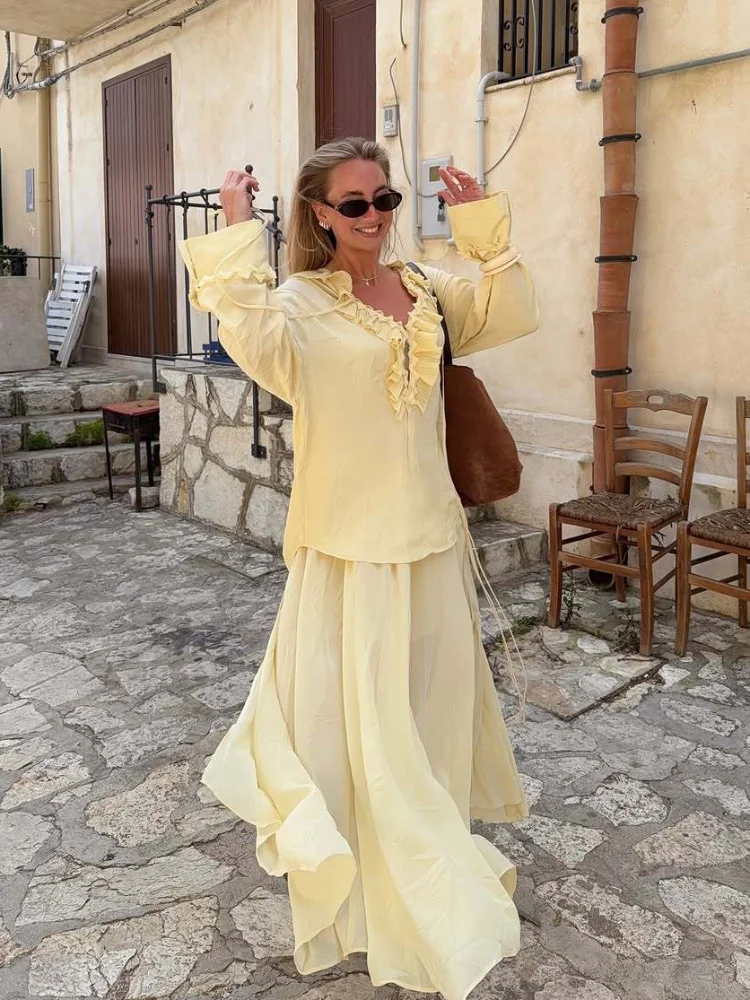 Butter Yellow Ruffled Long Skirt Suit Summer Women's Fashion Loose Lace-up V-neck Shirts Sets 2025 Lady Holiday Street Outfits