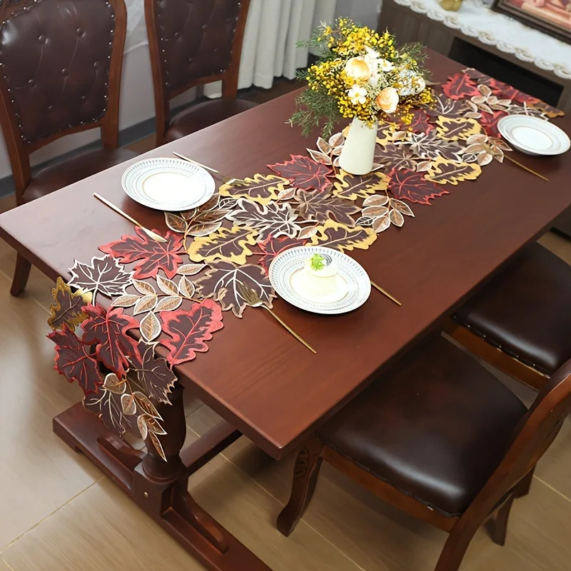Autumn Thanksgiving Embroidery Hollow Table Runner Vintage Maple Leaf Harvest Dining Table Decor Prop