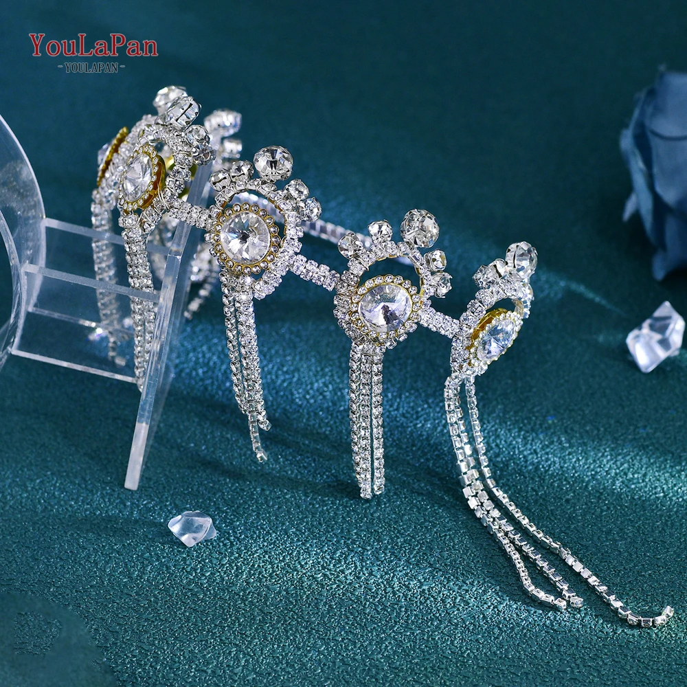 TOPQUEEN Handmade Luxury Silver Color Rhinestone Hair Hoops Wedding Bride Headwear Party Fairy Hair Accessories Gift HP708