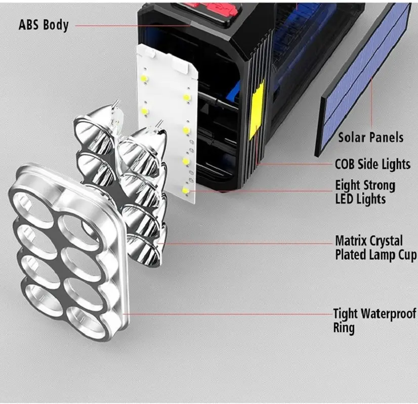 Solar Rechargeable Flashlight High Lumens 8LED Bulbs with COB Sidelight 4Mode Portable Waterproof for Outdoor Activity