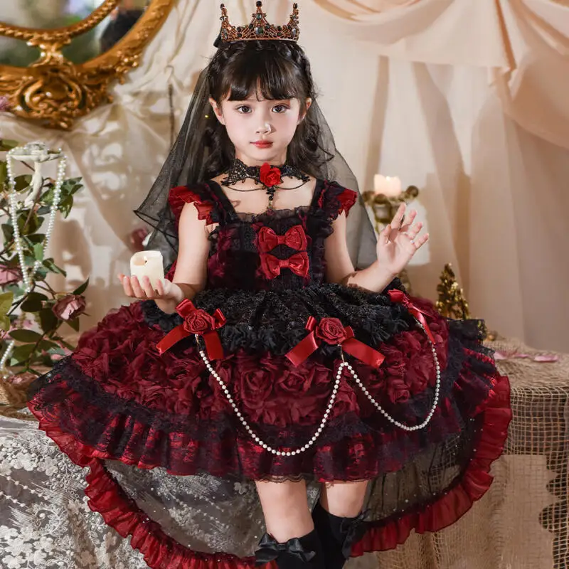 Girl Lolita Princess Dress Cos Play Halloween Vampire Modeling Dress Bow Lace Puff Skirt Cute Sweet Birthday Gift Party Dress