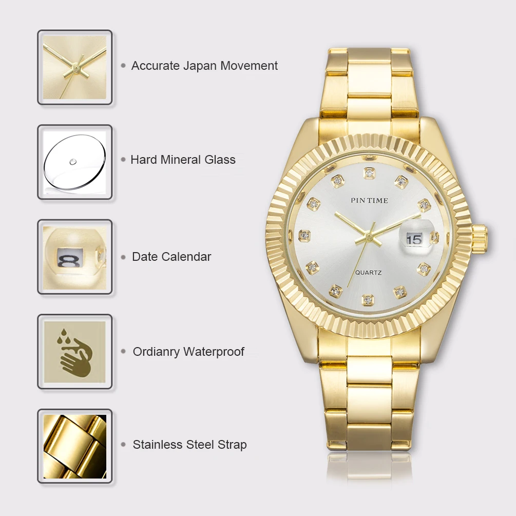 Relojes clásicos dorados con fecha para mujer y hombre, reloj de lujo de marca superior, reloj informal de acero inoxidable para hombre, cronógrafo deportivo de cuarzo resistente al agua