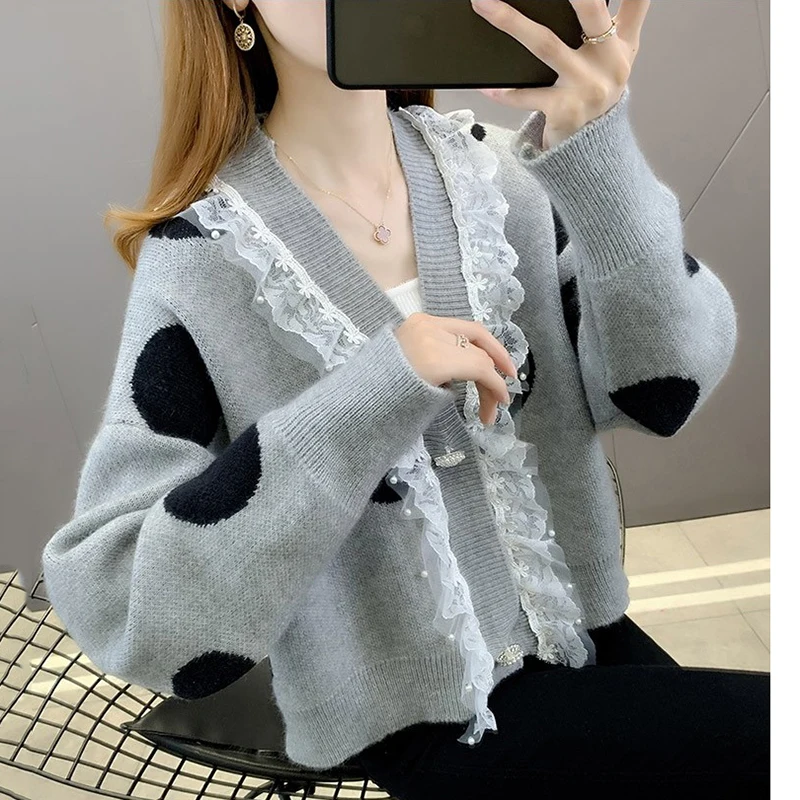 2025 outono novo cardigan camisola feminina exterior usar solto com decote em v renda costura jaqueta feminina curta manga longa blusas
