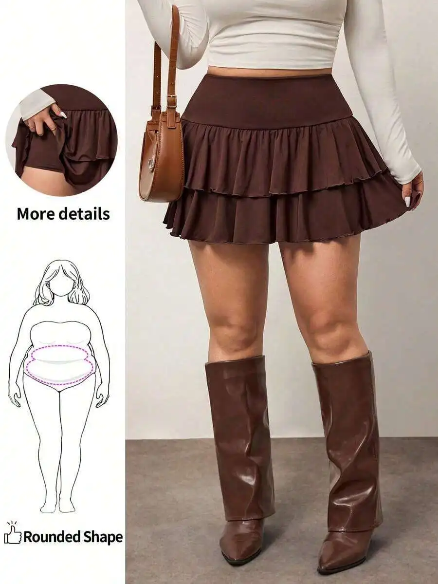 

Plus Size Women Chocolate Brown A-Line Ruffle Skirt For Rounded Body Shape Summer