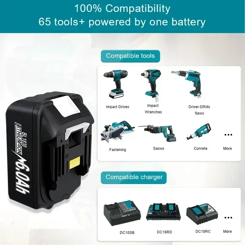 Para makita 18v 6000mah bateria recarregável de ferramentas elétricas 18v makita com substituição de íon-lítio led lxt bl1860b bl1860 bl1850 carregador