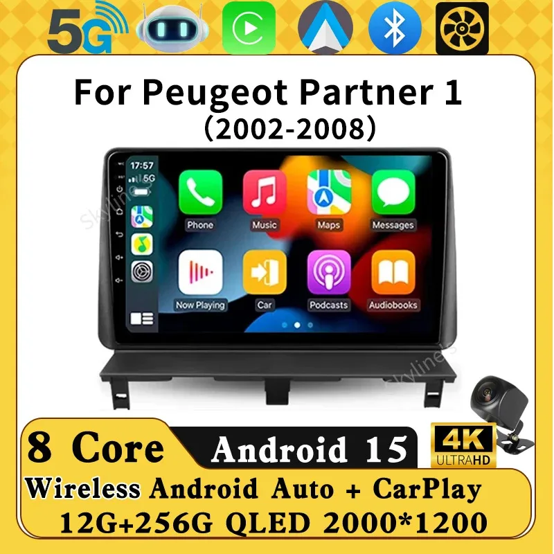 Radio para Auto Android 16 con Carplay para Peugeot Partner 1 2002 - 2008 Partner Origin 1 2008-2011 Reproductor Multimedia Android Auto Estéreo