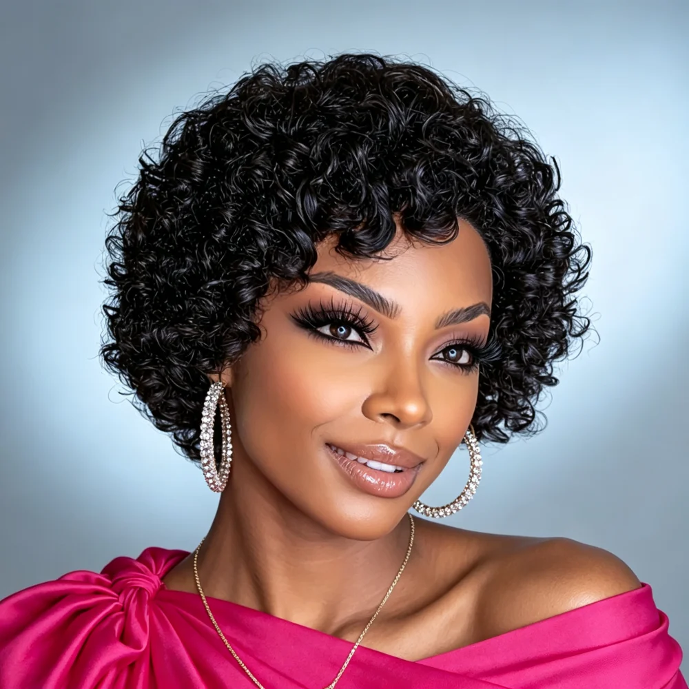 Full Machine Made Short Curly Human Hair Wig for Women, Fluffy Bouncy Curly Human Hair Wig, Soft Human Hair, Natural Looking Hum