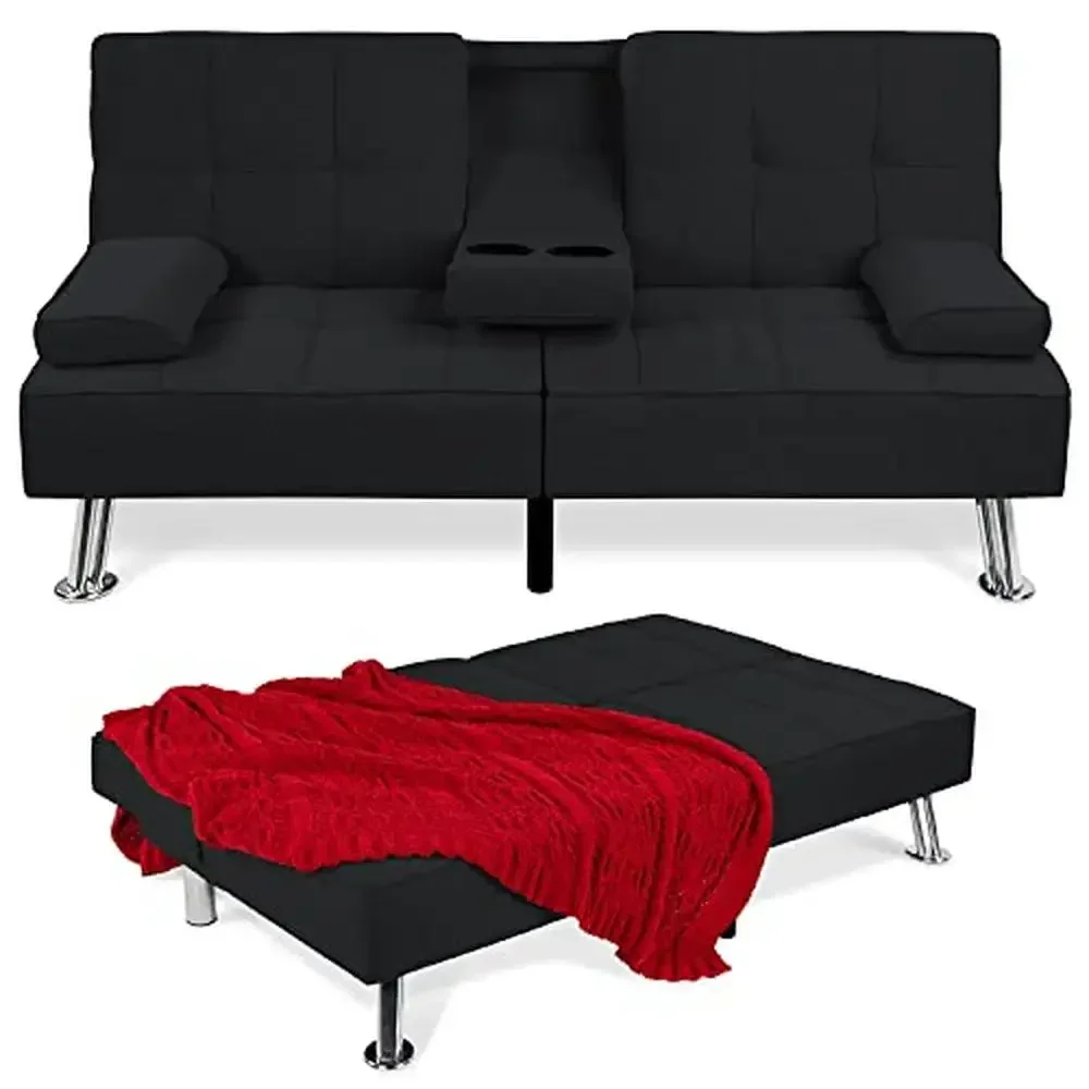 Modern Linen Folding Futon Sofa Bed with Removable Armrests 3 Adjustable Positions 2 Cupholders 500lb Weight Limit Black Perfect