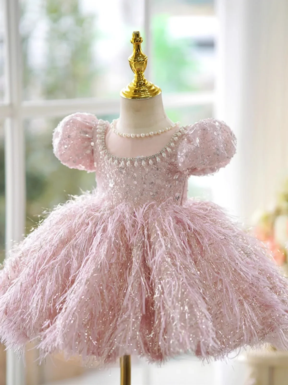 High-end Baby Girl Princess Tassel Dress Puffy Sleeve Elegant Toddler Child Kids Pearl Party Birthday New Year Ball Gown
