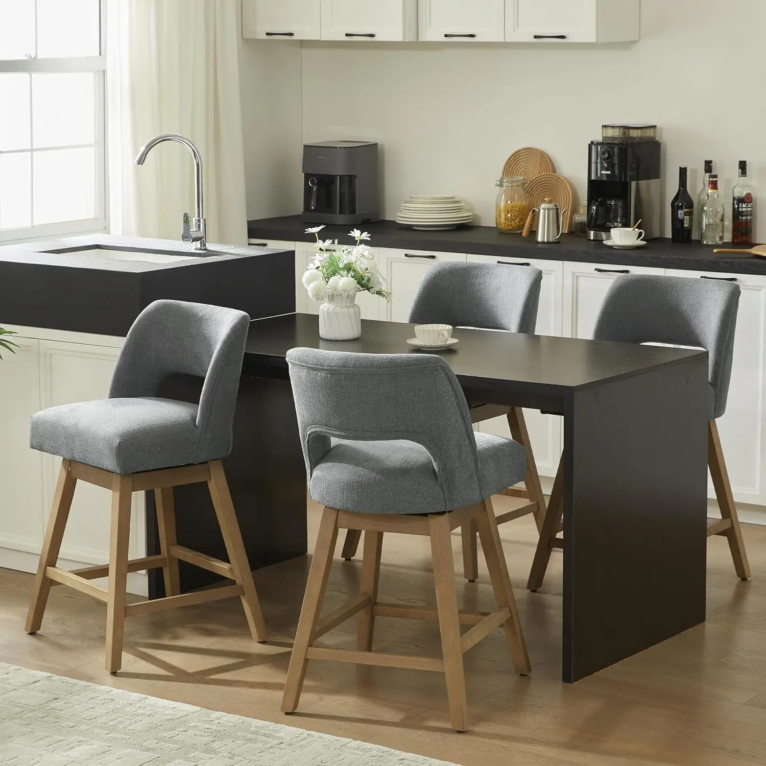 

4-Piece Swivel Bar Stools with Backrest, Fabric Upholstered, Rubberwood Legs, Gray Kitchen Island Bar Stools