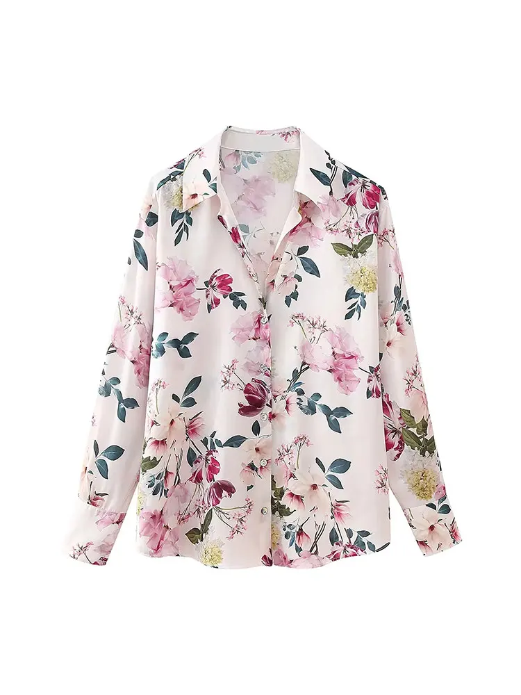 TRAF 2024 Spring Women\'s Shirt Floral Printed Shirts for Women Button up Blouse Woman Long Sleeve Elegant Shirts Blouses Tops