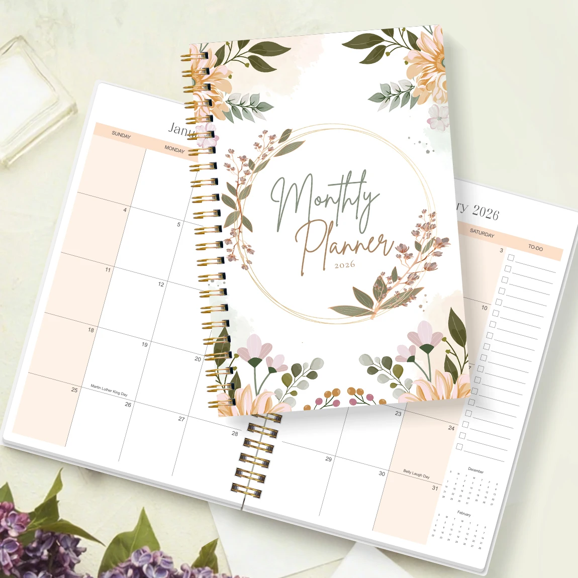 مخطط شهري مقاس A5 لعام 2026، غطاء زهري، جدول أعمال أكاديمي مع قائمة الملاحظات والقيام بالإنتاجية، مثالي لإدارة الوقت، هدية رائعة