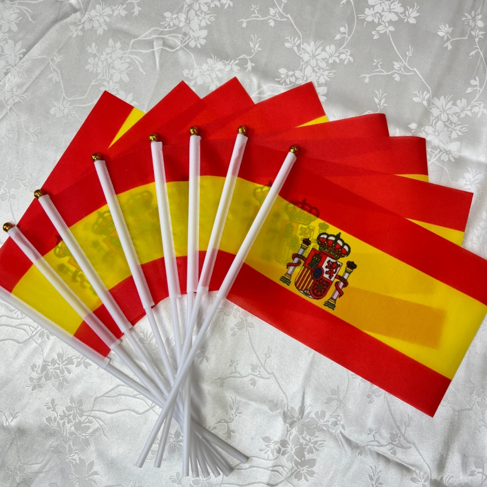 Drapeau espagnol avec mât en plastique, drapeau national, se sentir espagnol déterminé, drapeau agitant à la main, décoration, convocation, 14x21cm