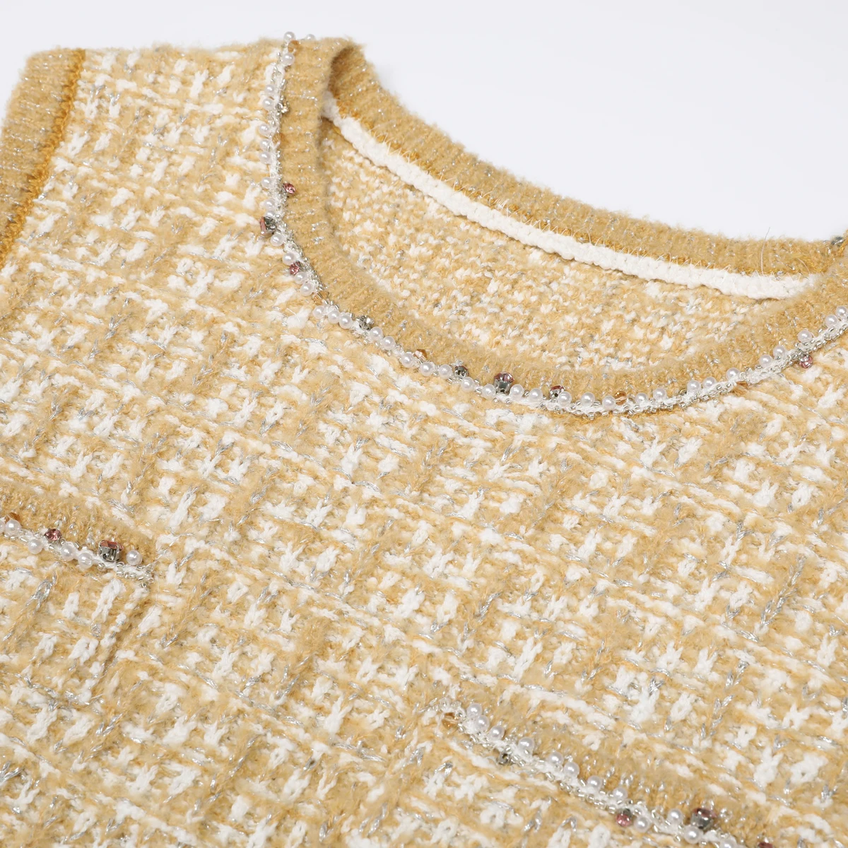 

25300 High-quality Spring And Autumn New Exquisite Woolen Nail Bead Knitted Round Neck Sleeveless Slim Fit Pocket Women's Dress