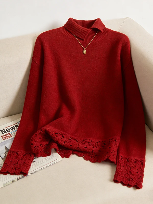 

Fashionable Large Size Asymmetrical Knitted Sweater with Hook Embroidery Long Sleeve Women's Spring New Style Slimming Top