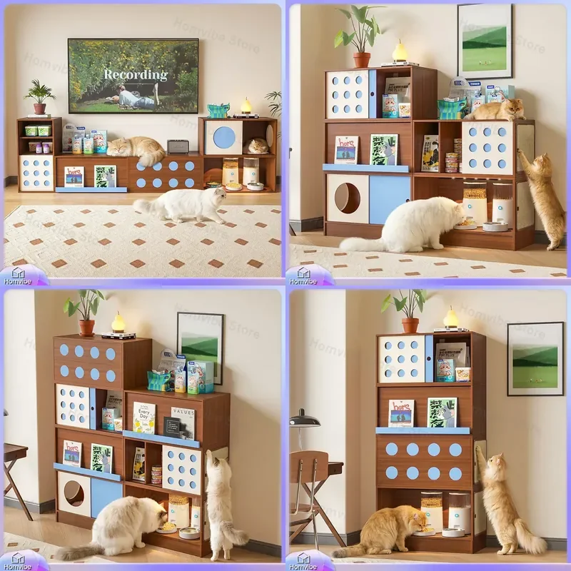 2026 New 3 in 1 Cat House Furniture TV Cabinet Stand Living Room Pet Storage Integrated Wooden Console Table Modern Home