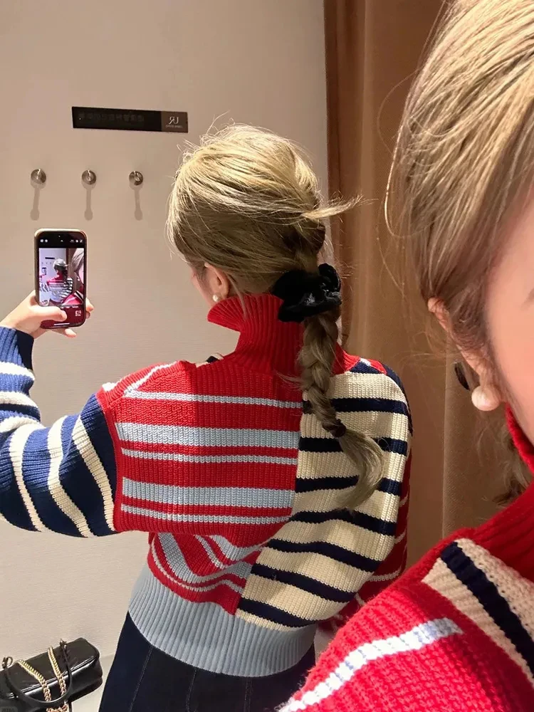 Y2K Crop Knit Sweater Women Streetwear Striped Patchwork Turtleneck Pullovers Japanese Sweet Half Zipper Harajuku Short Jumpers