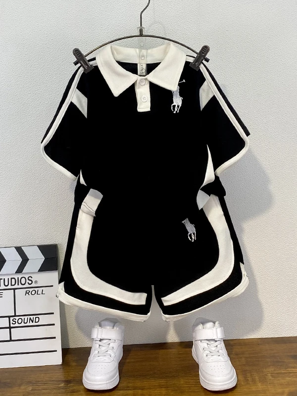 男の子夏服セット-おしゃれな子供用半袖ポロシャツ服-新作2026-トレンドベビー薄手服-韓国風ミックス生地