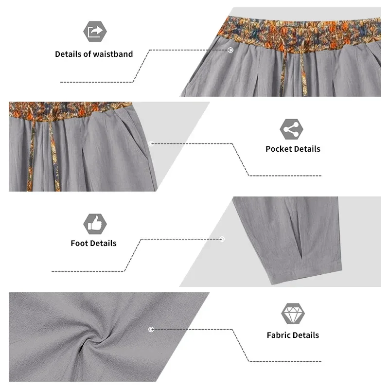 Herren 95% Leinen Haremshose Boho Blumenmuster Kordelzug Taille Lässige Weite Hose Strand Urlaub Knöchellange Hose – Detail 36
