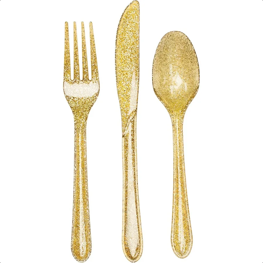 

24 предмета премиум-класса, пластиковые столовые приборы в ассортименте, блестящие золотые блестки 019805