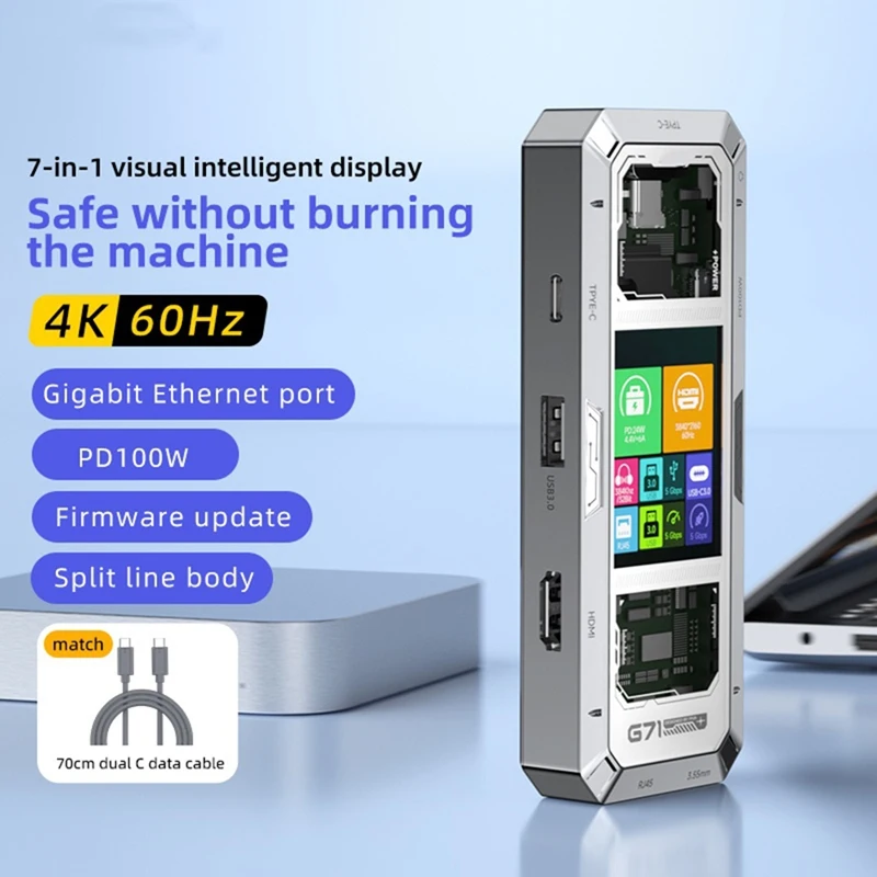 ✿G71 7 in 1 Aluminum Alloy Docking Station Smart Screen Display Type-C to HDM2.0 USB3.0 HUB PD100W Adapter